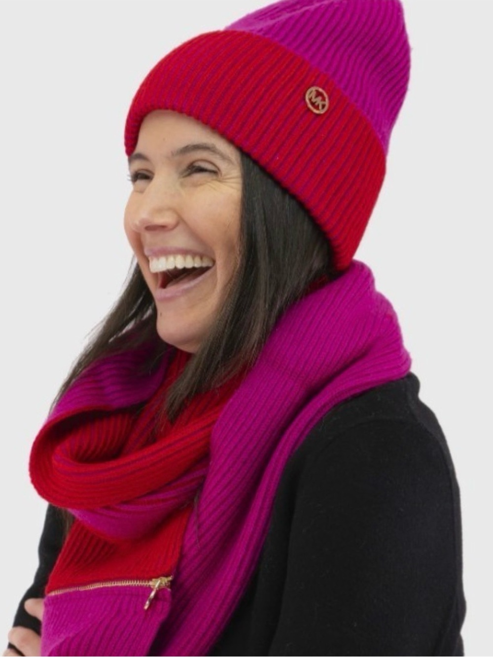 Michael Kors Two-Tone Pink and Red Ribbed Knit Beanie